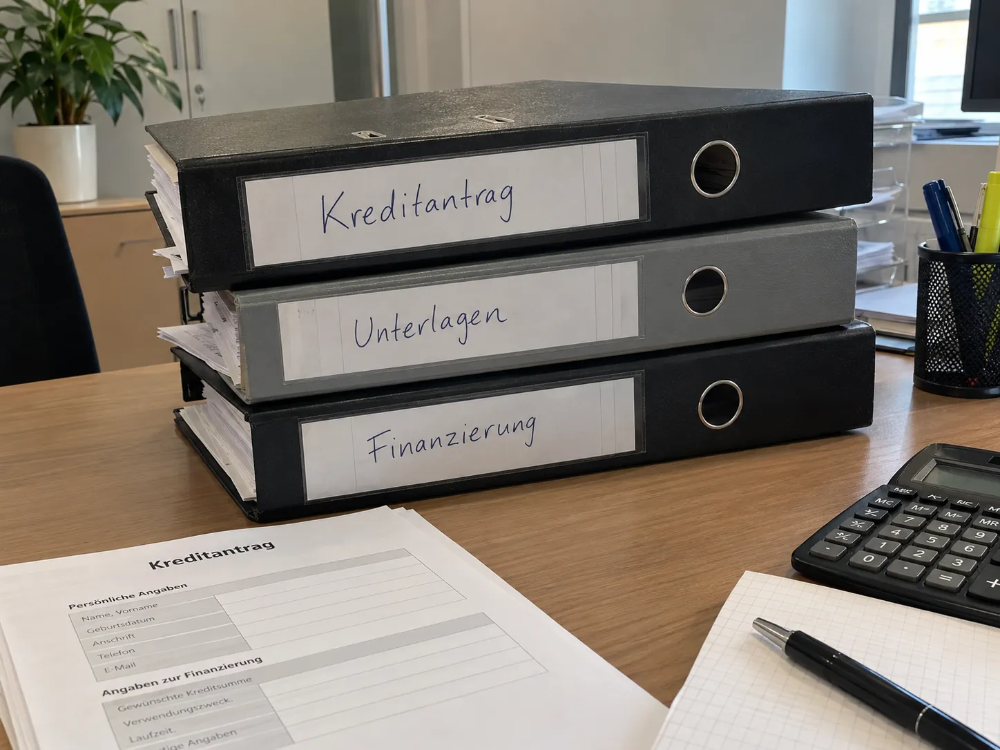 Aktenordner für Kreditantrag, Unterlagen und Finanzierung auf einem Schreibtisch, davor ein Antragsformular