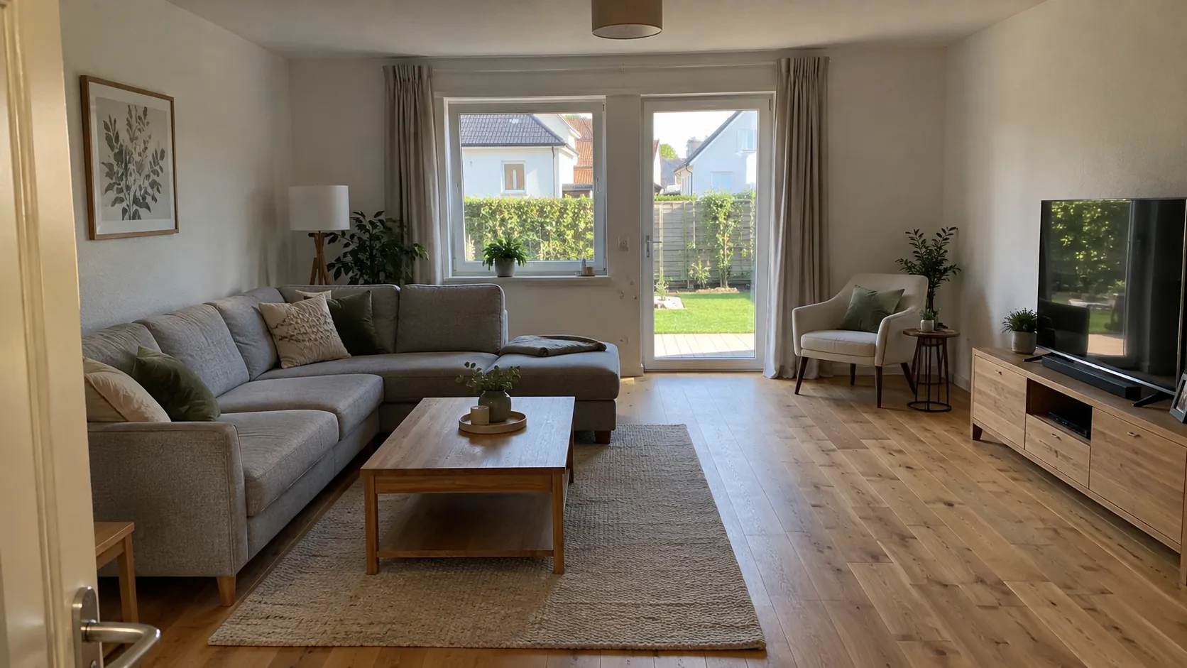 Eingerichtetes Wohnzimmer mit Ecksofa, Couchtisch und Tür zum Garten