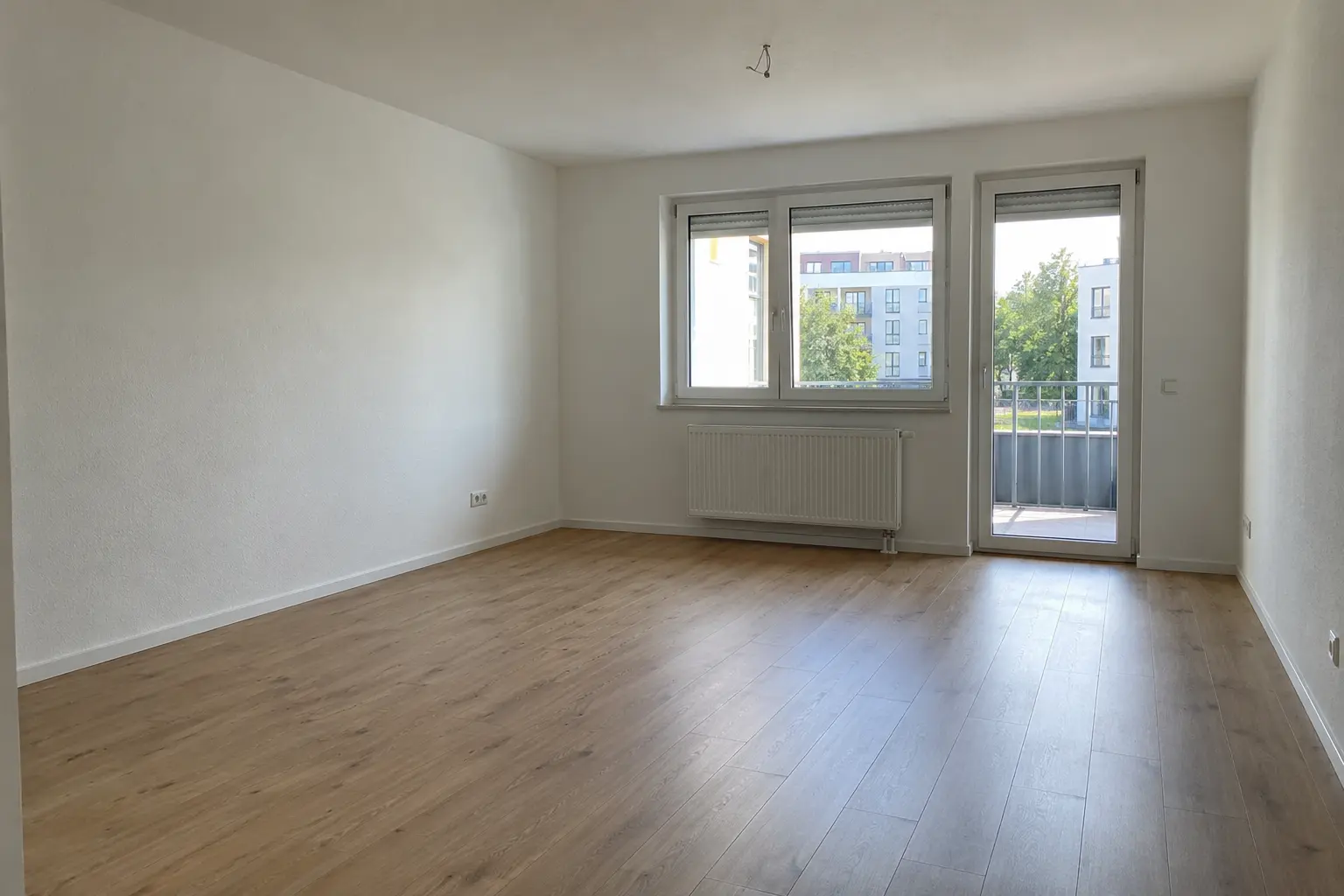 Leeres Wohnzimmer mit Holzboden, Fenster und Balkontür