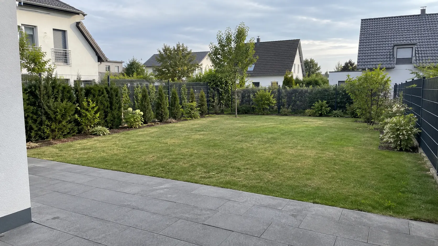 Blick von der Terrasse in einen gepflegten Garten mit Rasen, Hecken und jungen Bäumen